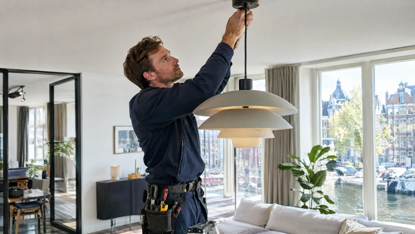 Vakman monteert een designlamp in een moderne woonkamer